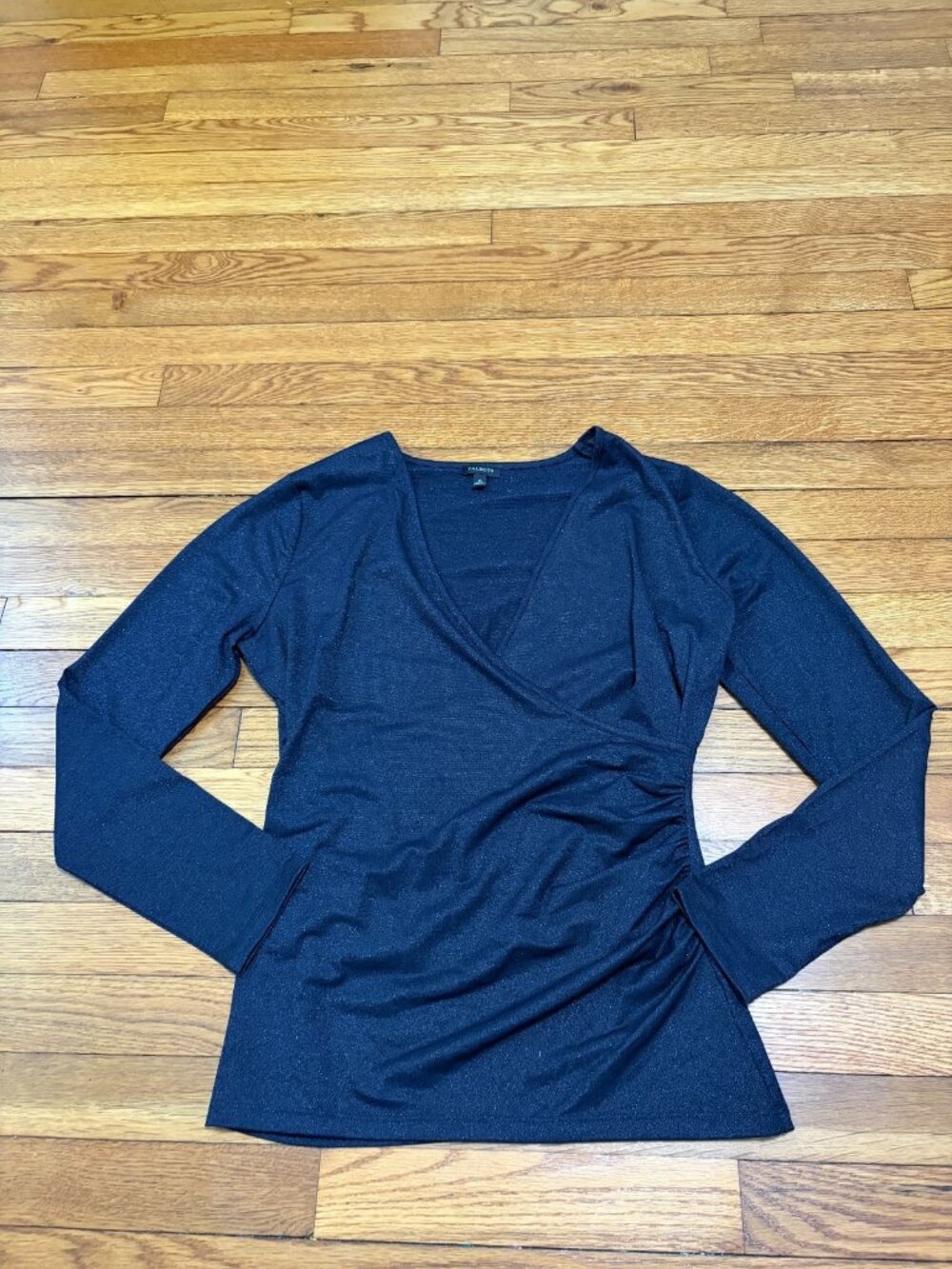 Talbots Womens Long Sleeve Metallic Top Size Medium Navy Blue Stretch Surplice